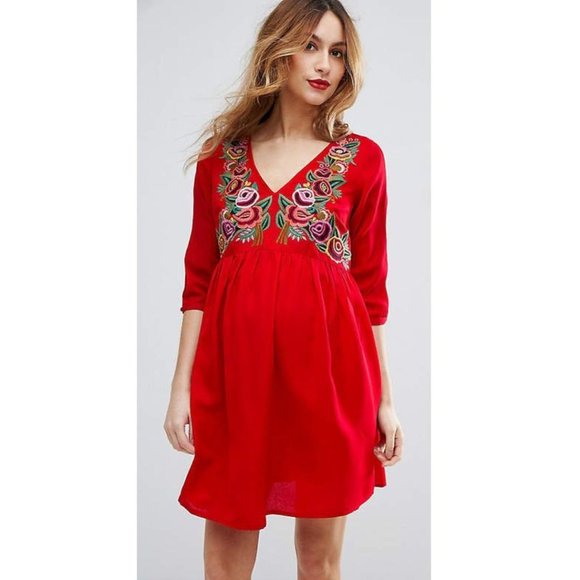 ASOS Maternity Dresses & Skirts - ASOS Maternity Embroidered Red Dress ¾ Cutout Sleeves Size 2
